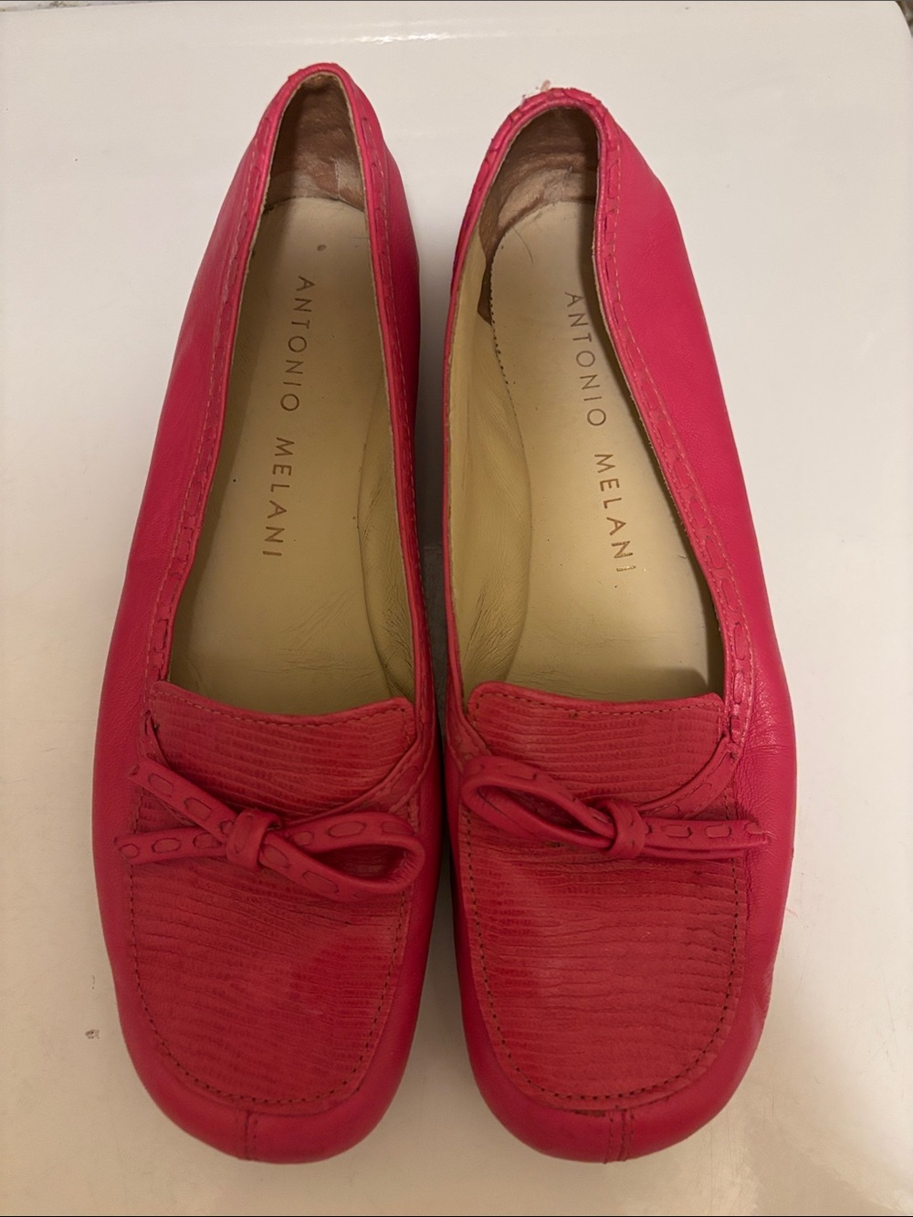 Antonio Melani Hot Pink Leather Driving Loafers Bow Flats Womens 6.5 M